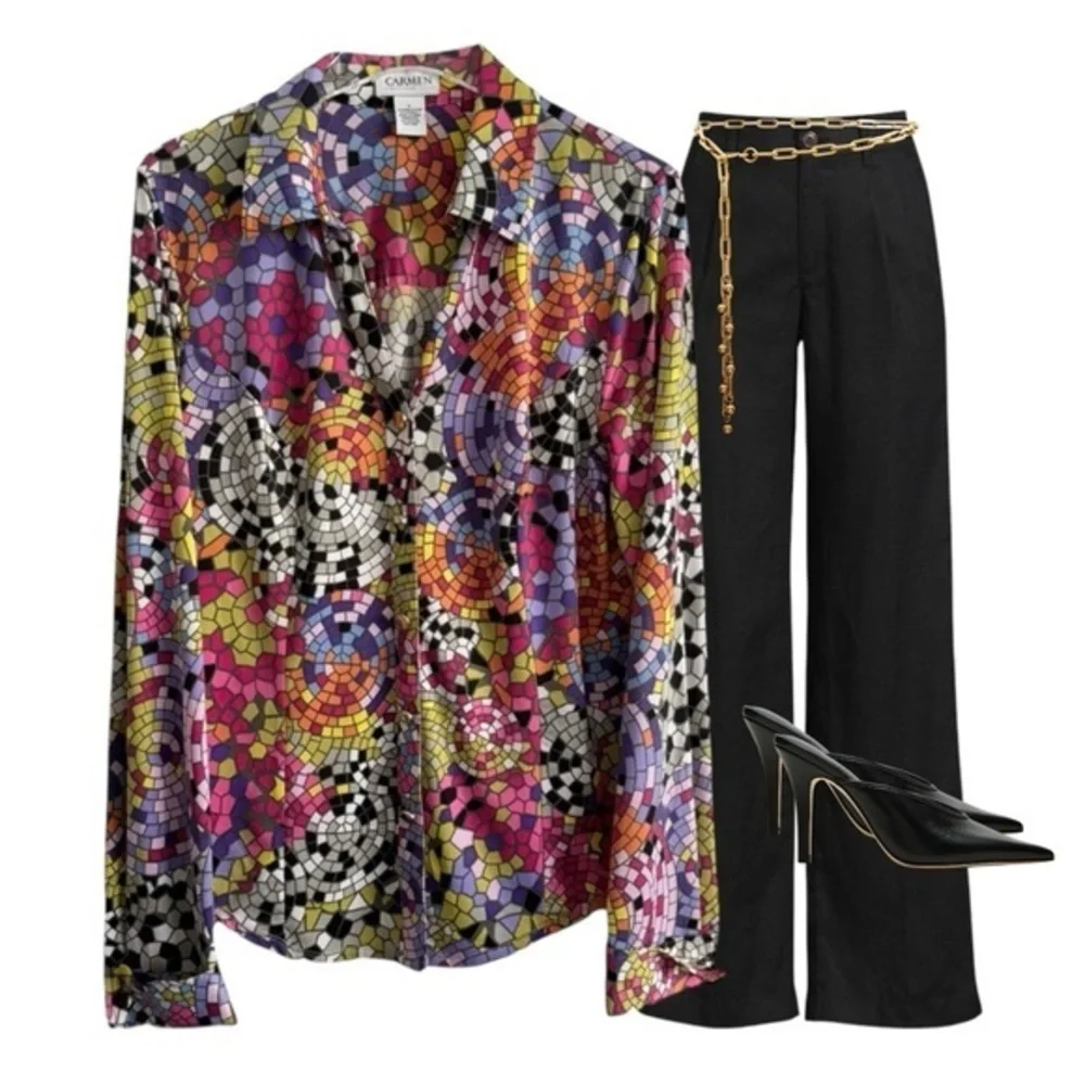 CARMEN MARC VALVO MOSAIC STAINED GLASS BUTTON DOWN SHIRT TOP SZ L - Picture 8 of 8